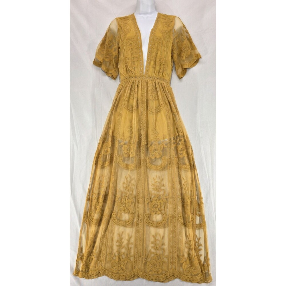 Honey Punch Chloe Lace Romper Dress S Mustard Yellow Maxi Boho Festival Resort